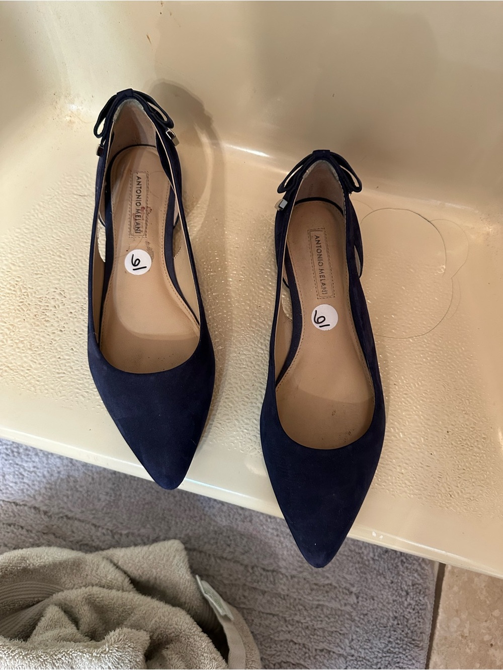 ANTONIO MELANI Navy Suede Pointed Toe Flats with Back Bow